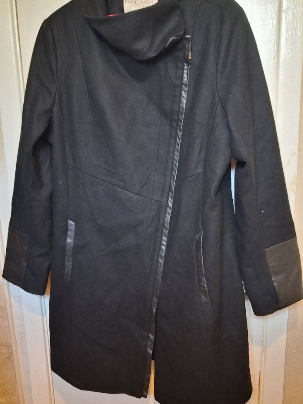RACHEL Rachel Roy Asymmetrical Wool Blend Coat Womens XL Black Faux Leather Trim